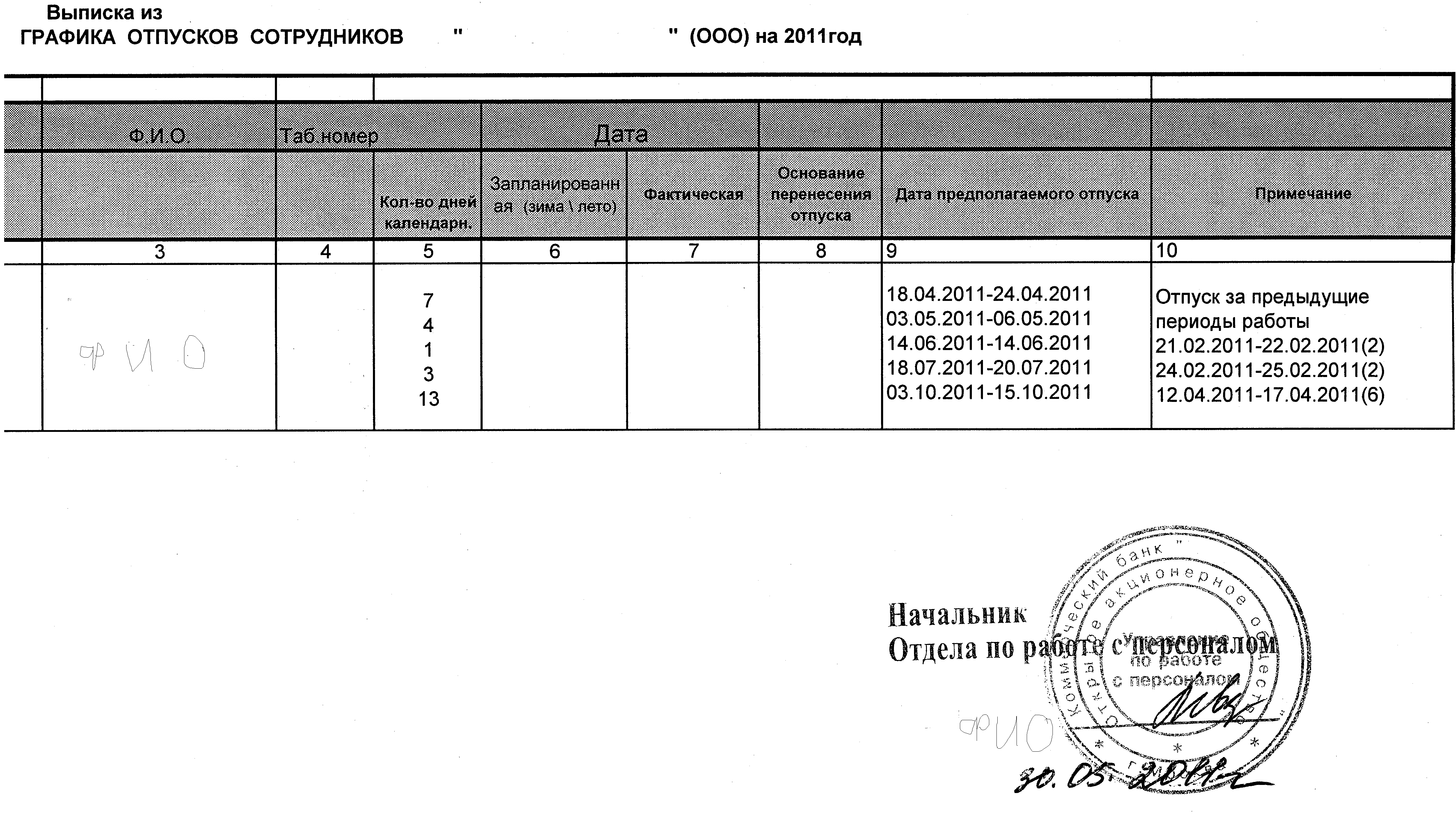 Образец выписка из графика отпусков образец